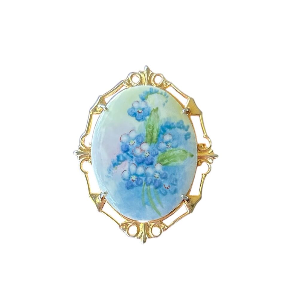 Vintage Hand Painted Porcelain Floral Brooch Gold Tone Frame Blue Flowers